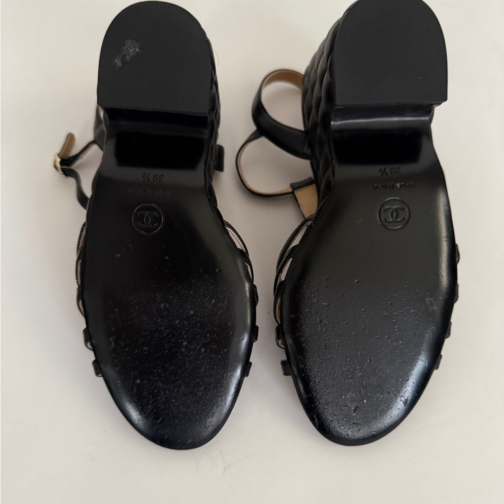 CHANEL Black Quilted Leather T-Strap Wedge Sandals - Picture 7 of 7